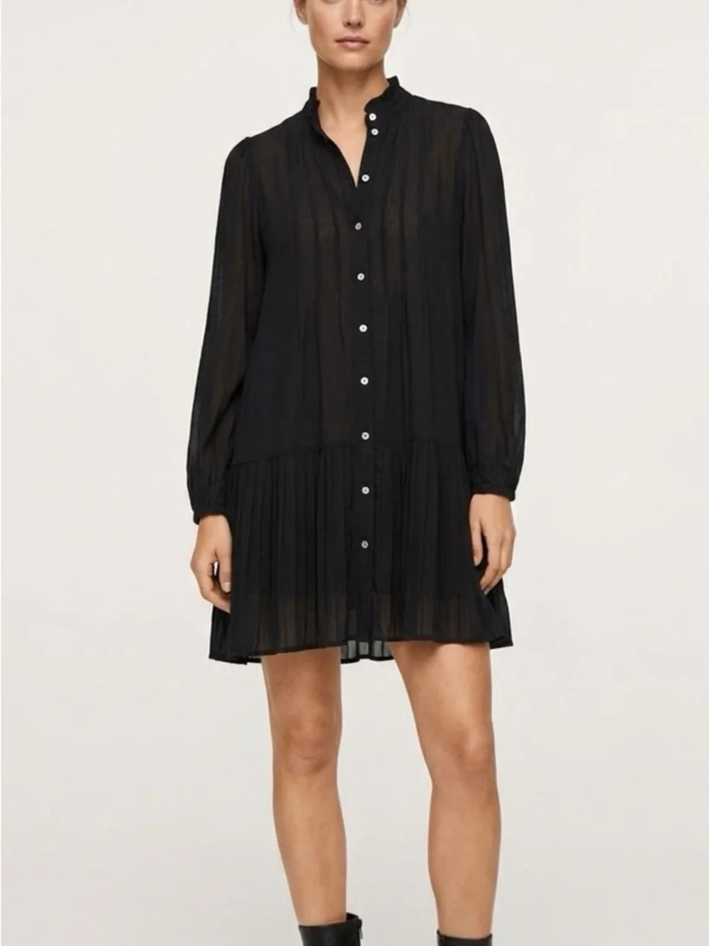 MANGO (MNG) Black Ruffle Neck Pleated Mini Dress / Tunic Sz S Semi-Sheer Boho
